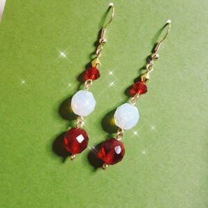 Artisan Earrings 032p# Red milky glass long dangle earrings handmade 3 Crystal P